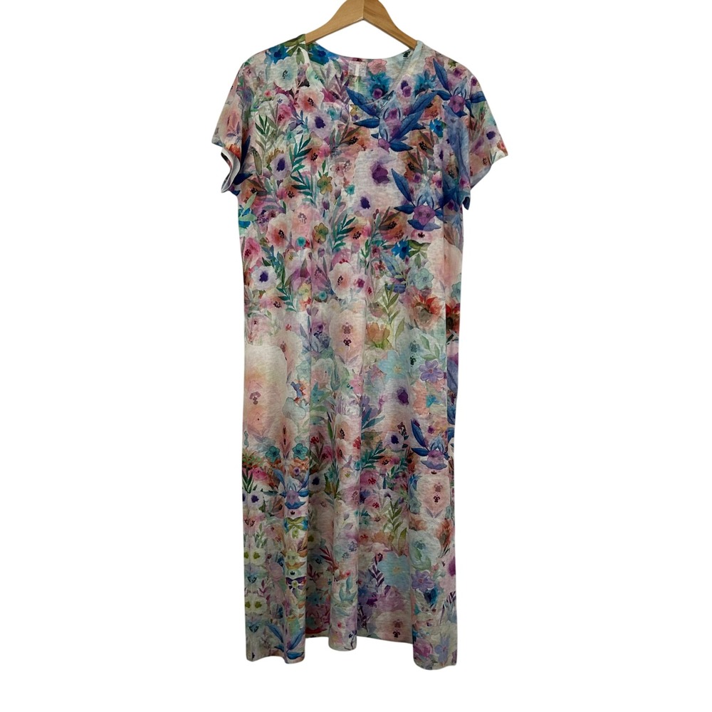 Et Lois Womens Floral Watercolor Maxi T Shirt Dress V-Neck Short Sleeve L Boho